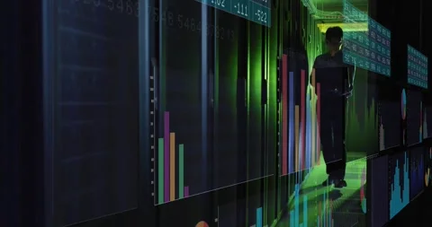 Data engineer stepping into data center and animating server rack overlays for Stock Footage 329110726
