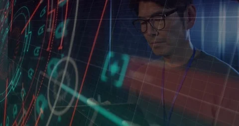 Data engineer tapping tablet causing tech hologram showing rising red and green Stock Footage 317185424