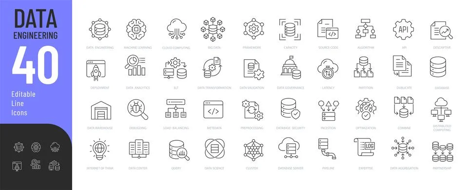 Data Engineering Line Editable and Solid Icons set. 库存插图