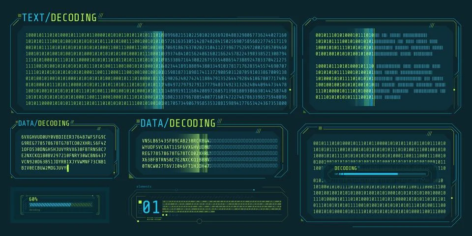Data entry and text decoding on futuristic interface screen. Stock Illustration