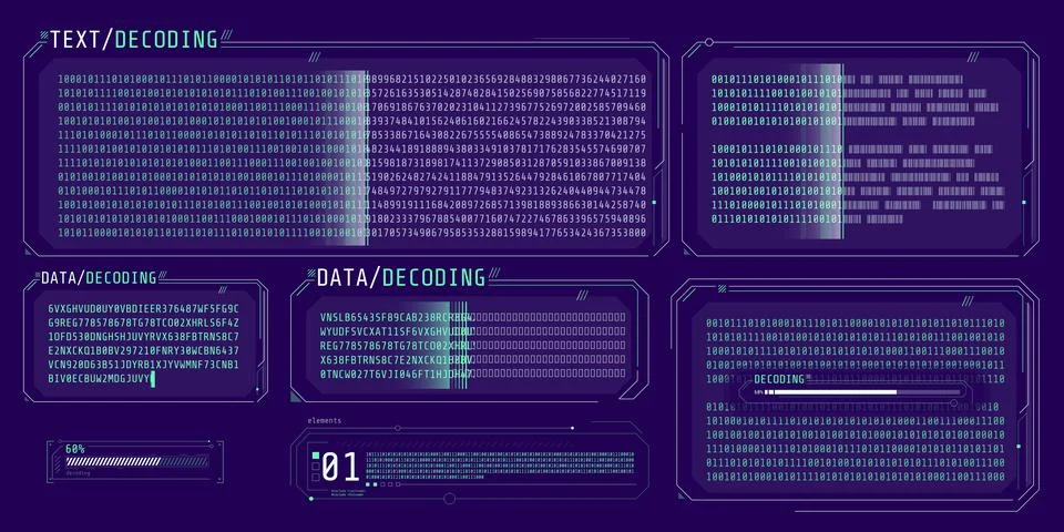 Data entry and text decoding on futuristic interface screen. Stock Illustration