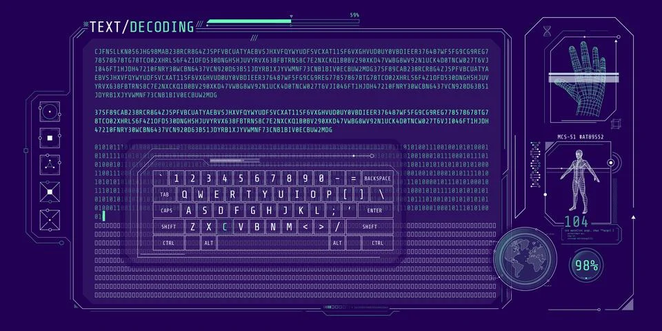 Data entry and text decoding on futuristic interface screen. Stock Illustration