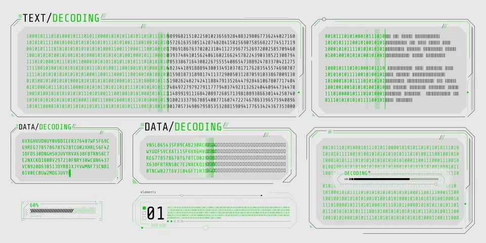 Data entry and text decoding on futuristic interface screen. Illustration