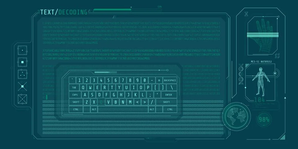 Data entry and text decoding on futuristic interface screen. Illustration