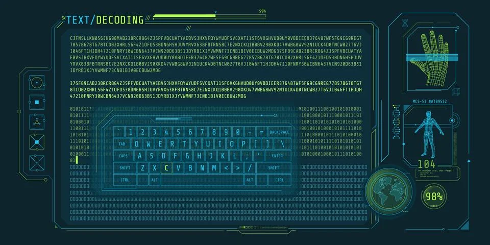 Data entry and text decoding on futuristic interface screen. Stock Illustration