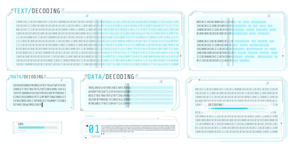 Data entry and text decoding on futuristic interface screen. Illustration