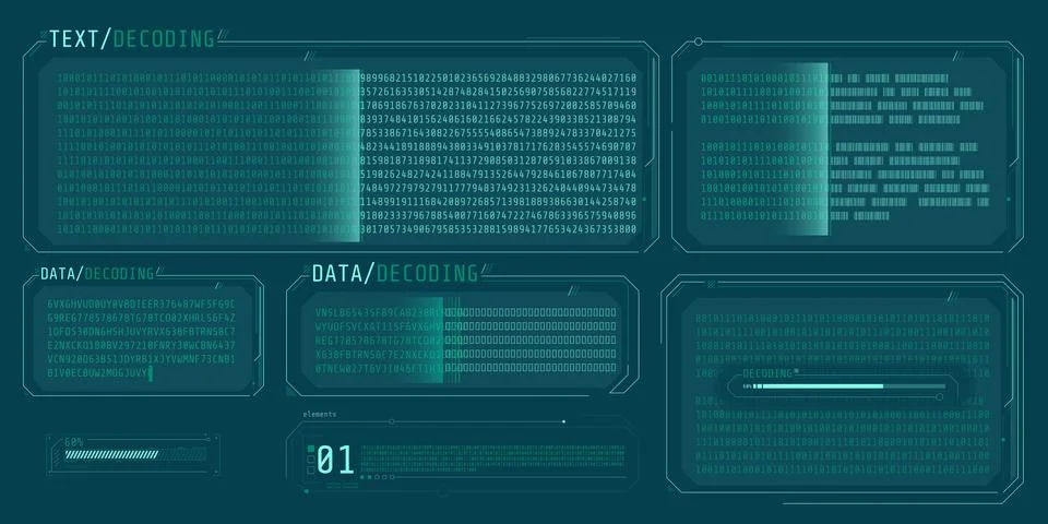 Data entry and text decoding on futuristic interface screen. Stock Illustration