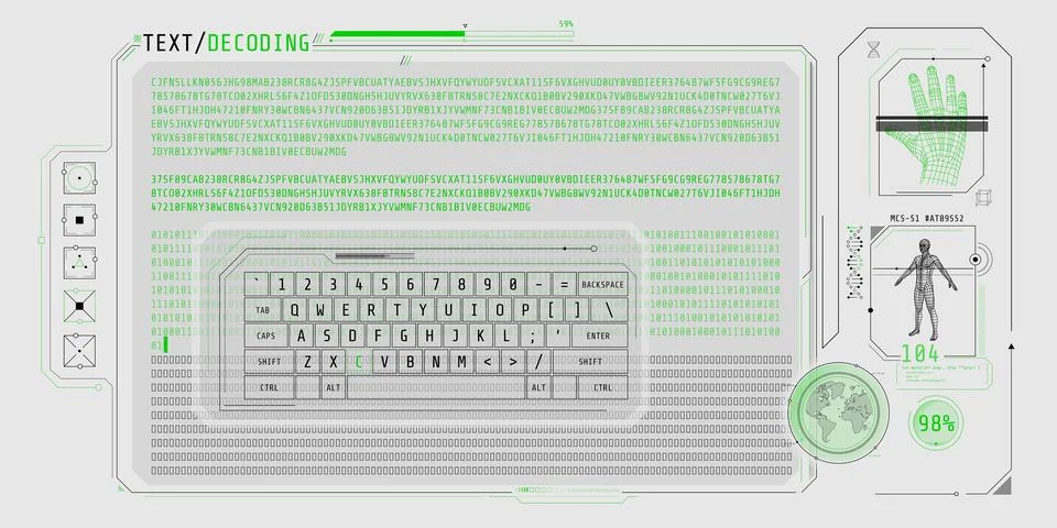 Data entry and text decoding on futuristic interface screen. Illustration