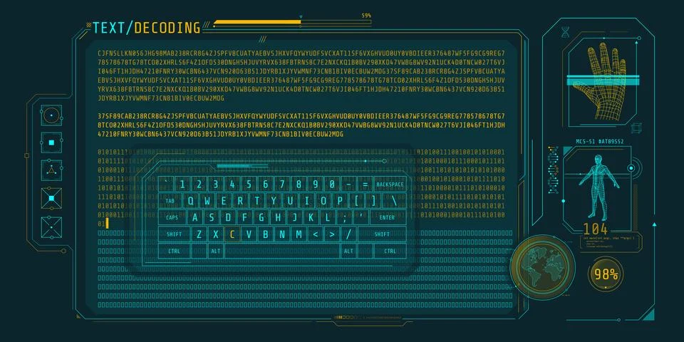 Data entry and text decoding on futuristic interface screen. Illustration