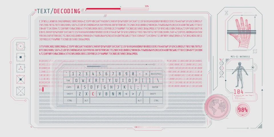 Data entry and text decoding on futuristic interface screen. Illustration