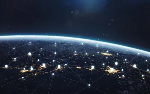 Data exchange and global network over the world. Earth at night, city lights Illustrazione stock