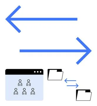 Data Exchange Between Users, Folders, and Systems via File Sharing and Arrows Illustrazione stock