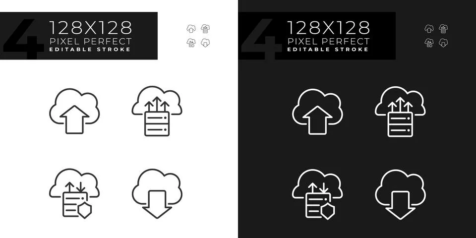 Data exchange via cloud pixel perfect linear icons set for dark, light mode 스톡 일러스트