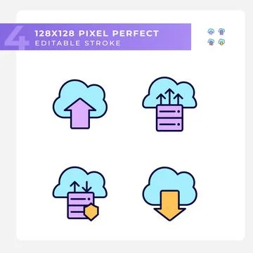 Data exchange via cloud resources pixel perfect RGB color icons set Stock Illustration