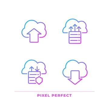Data exchange via cloud resources pixel perfect gradient linear vector icons set Stock Illustration