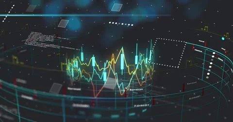 On data feed, 3D dashboard rotating, lines rippling, bars pulsing, panels Stock Footage 333833325