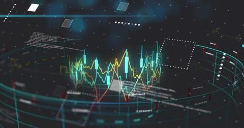 On data feed, 3D dashboard rotating, lines rippling, bars pulsing, panels Stock Illustration