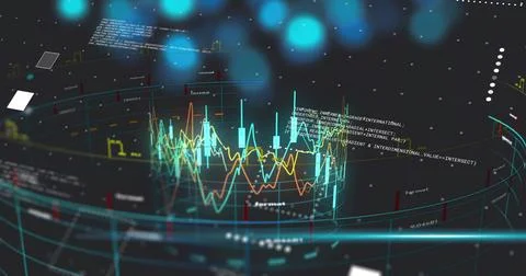 On data feed, 3D dashboard rotating, lines rippling, bars pulsing, panels Stock Illustration