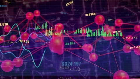 On data feed 3D node network pulsing, connections shifting, charts updating, Vidéo 335739801