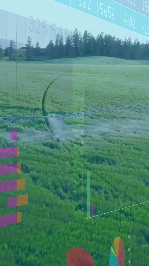 Data feed activating AR panels sliding over farm, revealing stacked bars, pie, Stock Footage 332524864