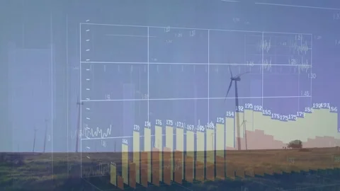 Data feed activating, HUD overlaying wind farm, 3D bars rising, showing turbine Stock Footage 333963263