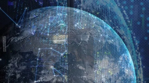 Data feed activating overlays, partial CGI globe rotating, pulsing network Stock Footage 332577691