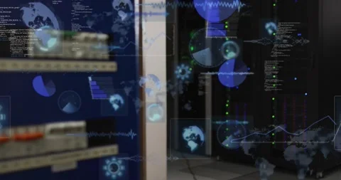 Data feed activating, server racks projecting expanding HUD overlay showing Stock Footage 328657065