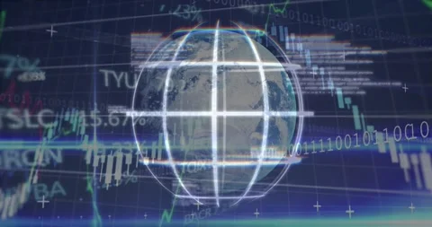 On data feed arrival central globe rotating, wireframe shimmering, charts Stock Footage 330188847