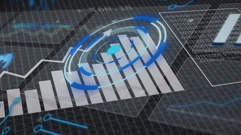 On data feed arrival central HUD spinning, aligning rings with rising bars to Stock Footage 335317255
