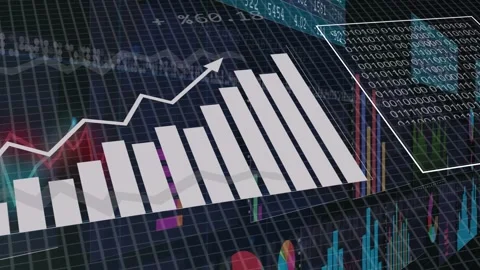 Data feed arriving 3D dashboard rotating and panning revealing stacked columns Stock Footage 335652030