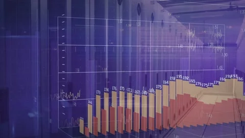 Data feed arriving, 3D grid overlaying server racks, bars rising then shrinking 库存影片 332843796