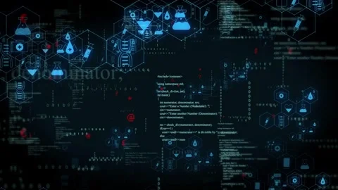 Data feed arriving, biotech UI populating hexgrid, pulsing icons, scrolling Stock Footage 334337954