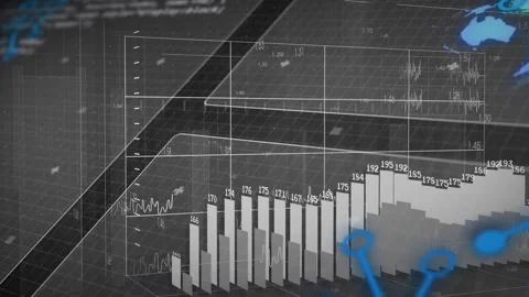 Data feed arriving, clustered 3D bar chart rising, peaking, receding in finance Stock Footage 332955982