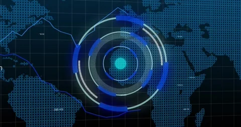 Data feed arriving, concentric HUD rotating and pulsing, bars rising, map Stock Footage 329453515