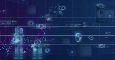 On data feed arriving, dashboard growing lines, rising bars, sliding thumbnails Stock Footage 321100372