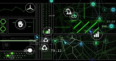 Data feed arriving, dashboard pulsing nodes, icons clustering, values updating Video stock 320651561