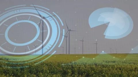 Data feed arriving, faint HUD graphics overlaying wind turbines, rotating and Stock Footage 333509824