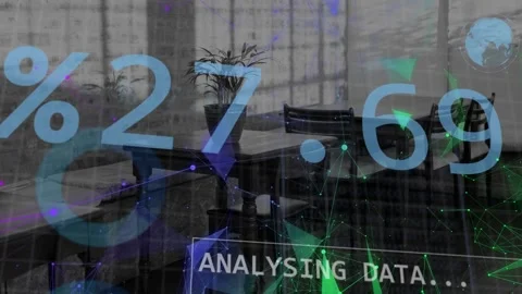 Data feed arriving, HUD graphics animating over wooden table with plant, showing Stock Footage 334202455