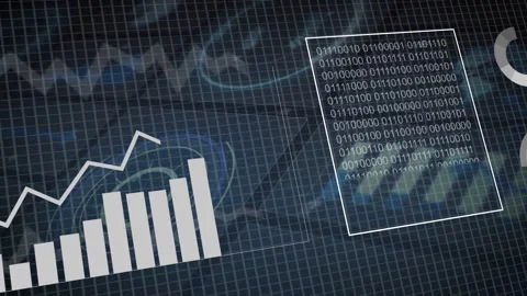 Data feed arriving, HUD shifting, pie or bar charts growing, binary panel Stock Footage 335651958