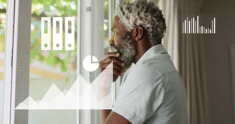 Data feed arriving, man at window pondering, watching devices, cloud charts and Stock Footage 320725059