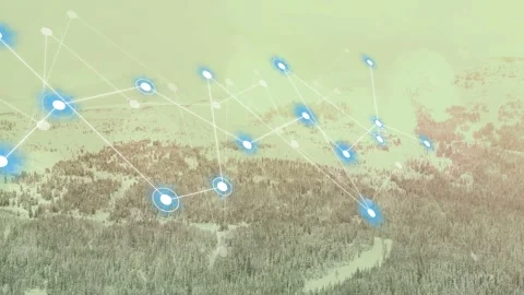 Data feed arriving, network overlay growing and mapping blue nodes and white Stock Footage 333670650