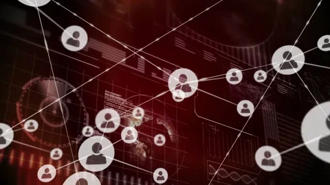 Data feed arriving, spawning and linking avatar nodes across HUD, visualizing Stock Footage 330756707