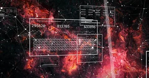 Data feed causing panel, numbers updating, matrix pulsing and nodes linking for Stock Photos