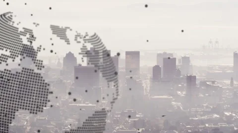 On data feed dotted globe rotating left, dots moving, code sliding, showing data Stock Footage 323147521