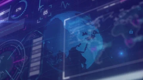 On data feed dotted globe rotating, select frame tracking continents, gauge Stock Footage 334788706