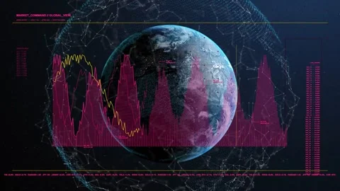 Data feed driving 3D globe rotating magenta bars with yellow trend moving to Video stock 334724904