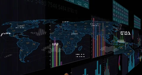 Data feed driving analytics wall revealing world map overlay and rising bars Stock Footage 333967544