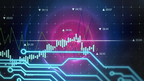 Data feed driving bars rising, blue circuits spreading and waveform oscillating Stock Footage 310151464