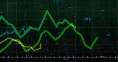Data feed driving line graphs moving rightward on green grid, labels pulsing Stock Illustration