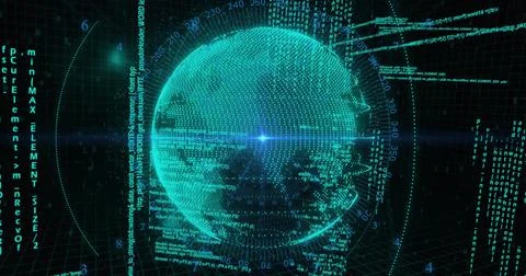 Data feed driving teal globe rotating in tech HUD, with orbit rings, pulsing Stock Illustration